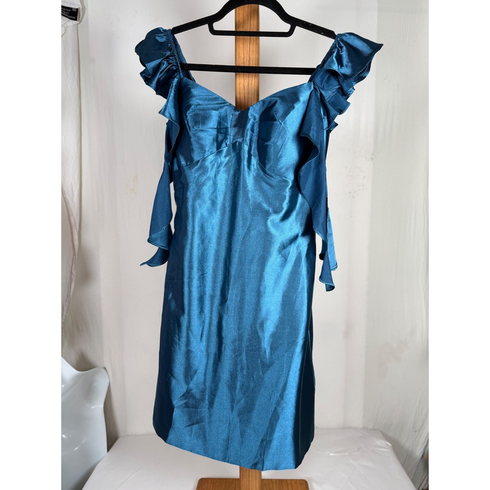 New Teal Blue Satin Ruffle Cold Shoulder Sweetheart Mini Cocktail Dress Size 2